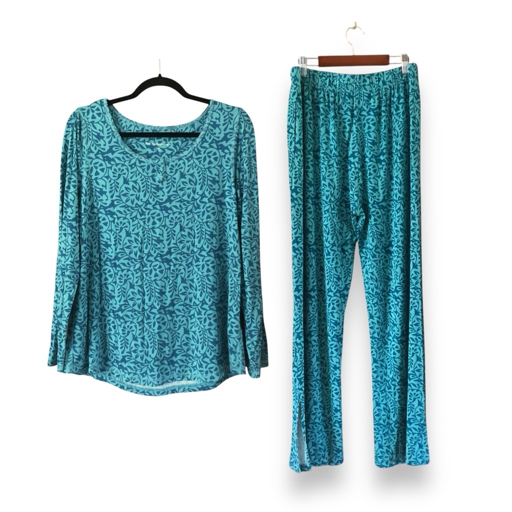 Soft Surroundings Teal Green Floral Long Sleeve & Pants Pajama Set Size Small